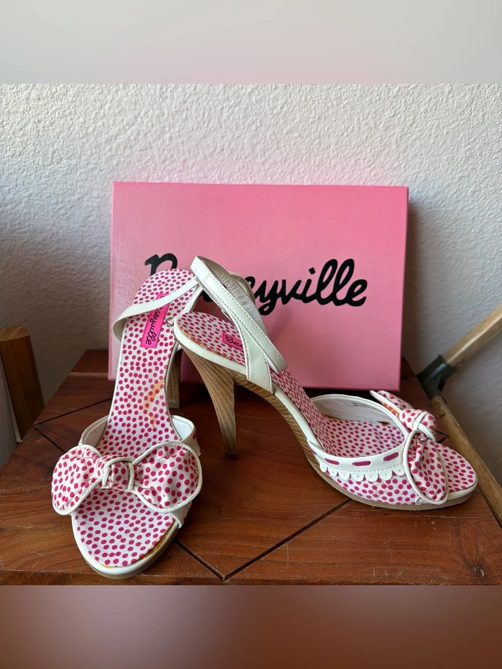 Betsey Johnson White & Pink Polka Dot Bow Peep-Toe Heels